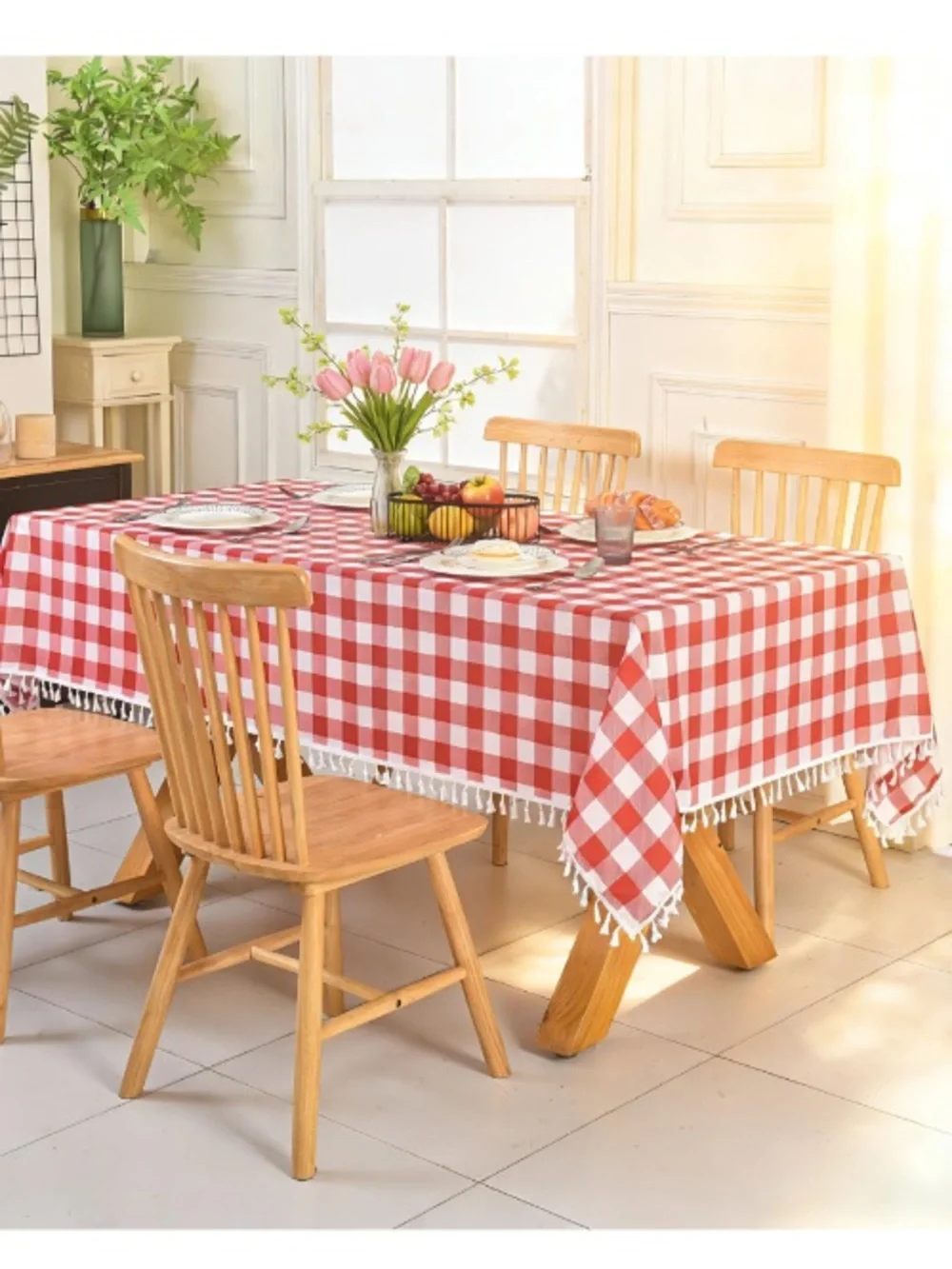Checkered Tablecloth with Tassel Trim RECTANGULAR 52x70” RED & WHITE